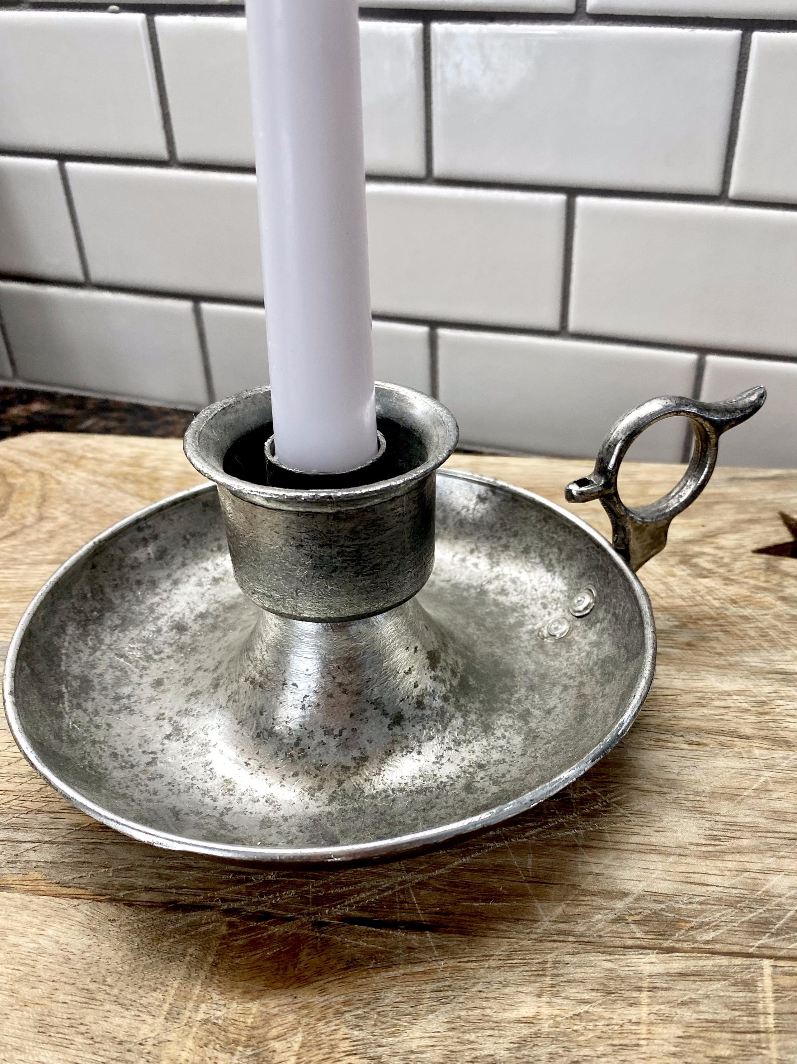 Vintage Pewter Silver Candlestick with Handle